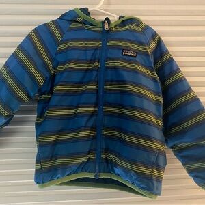 Patagonia Blue and Green Striped Hooded Puffer